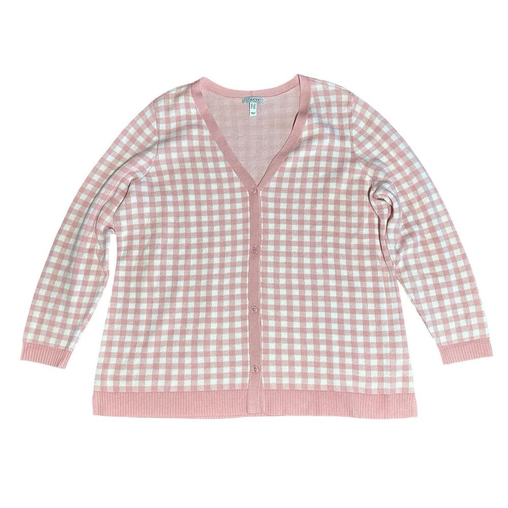 Denim & Co Pink White Jacquard Gingham Check V Neck Cardigan‎ Sweater Womens 2X